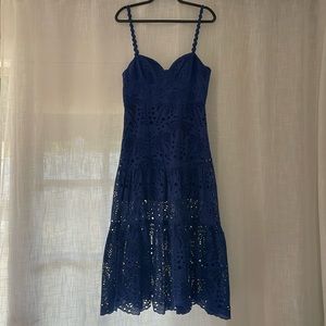 FARM Rio Dark Blue Richilier Eyelet Palm Midi-Dress